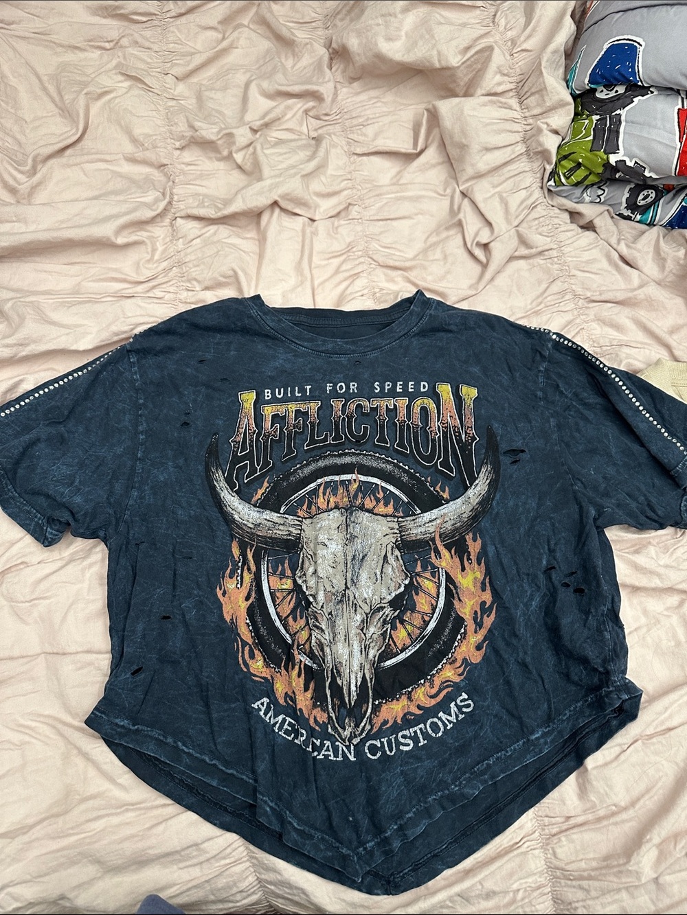 Buckle Dark Blue Graphic Tee with Bull Skull and Flames